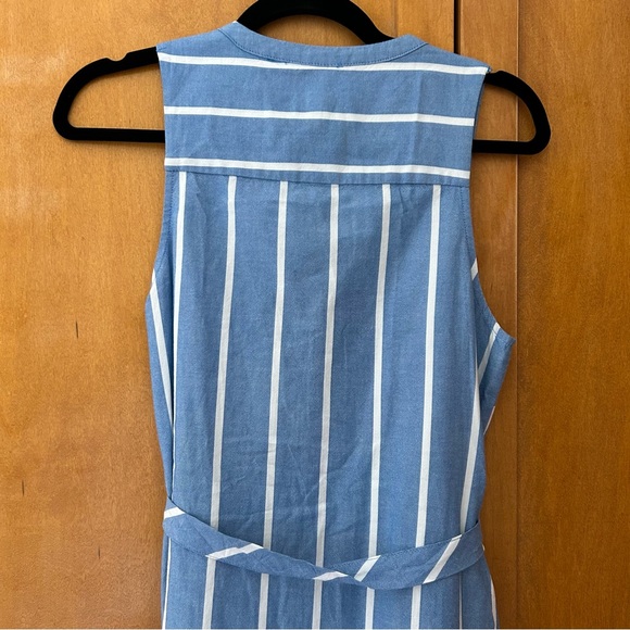 Blue and white stripe shirt dress button up with pockets, waist tie - Picture 7 of 8